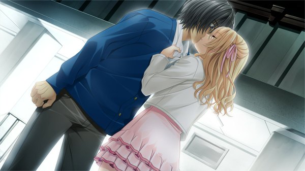 Anime picture 1280x720 with morobito kozorite (game) long hair short hair black hair blonde hair wide image green eyes game cg couple kiss girl boy