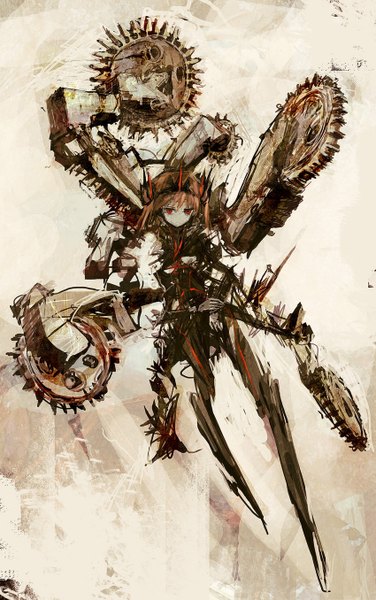 Anime picture 850x1355 with original lm7 (op-center) single long hair tall image looking at viewer red eyes brown hair twintails grey background no nose girl hair ornament weapon gears machine