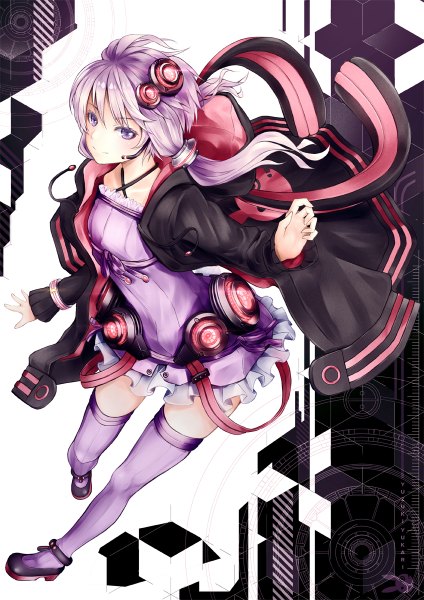 Anime picture 848x1200 with vocaloid yuzuki yukari ajigo single long hair tall image looking at viewer fringe smile purple eyes twintails animal ears purple hair open clothes open jacket bunny ears low twintails girl thighhighs dress