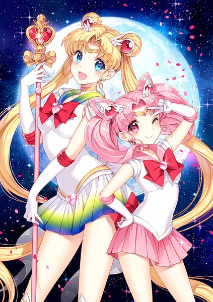 Anime picture 635x900 with bishoujo senshi sailor moon toei animation tsukino usagi sailor moon chibiusa sailor chibi moon nardack long hair tall image looking at viewer open mouth blue eyes blonde hair smile standing twintails multiple girls holding pink hair pleated skirt