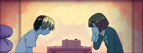 Anime picture 3441x1289 with hikaru no go studio pierrot shindou hikaru akira toya lauraneato highres short hair black hair blonde hair wide image multicolored hair green hair two-tone hair thinking go boy go board