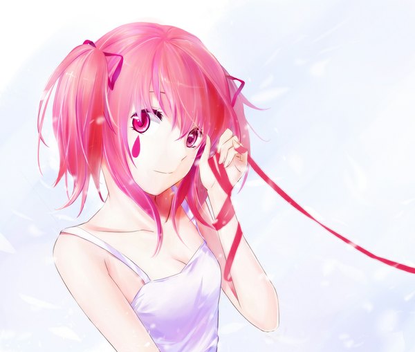 Anime picture 1000x849 with mahou shoujo madoka magica shaft (studio) kaname madoka azmodan single looking at viewer blush short hair smile twintails bare shoulders pink hair cleavage pink eyes alternate costume facial mark short twintails girl dress hair ornament