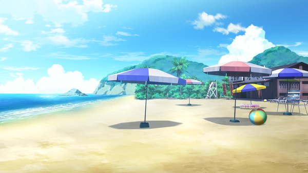 Anime picture 2050x1153 with love la bride highres wide image game cg sky cloud (clouds) beach mountain no people landscape beachball beach umbrella