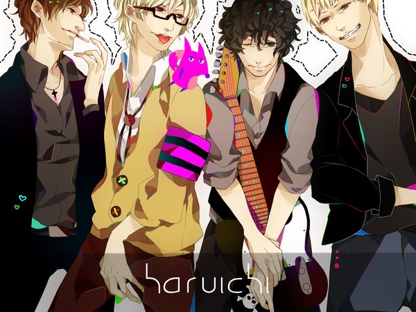 Anime picture 1600x1200 with rgf (rafu) short hair blonde hair smile red eyes brown hair standing brown eyes green eyes profile one eye closed pink eyes wink inscription open clothes open jacket multiple boys mouth hold group open collar