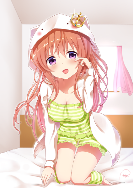 Anime picture 901x1274 with gochuumon wa usagi desu ka? white fox hoto mocha piripun single long hair tall image looking at viewer blush fringe open mouth smile hair between eyes purple eyes signed animal ears pink hair indoors head tilt barefoot