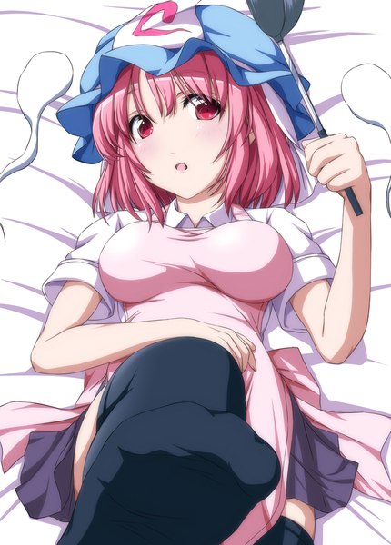 Anime picture 758x1058 with touhou saigyouji yuyuko nori tamago single tall image blush short hair open mouth light erotic red eyes pink hair lying soles leg lift (legs lift) girl thighhighs skirt black thighhighs bonnet ladle