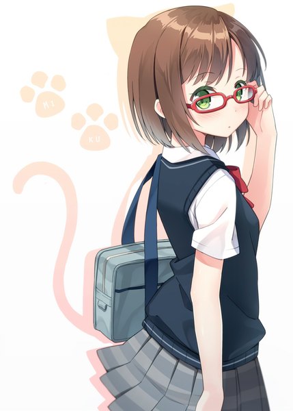 Anime picture 800x1119 with idolmaster idolmaster cinderella girls maekawa miku hyuuga azuri single tall image looking at viewer short hair brown hair green eyes pleated skirt shadow paw print adjusting glasses bespectacled girl skirt miniskirt shirt glasses