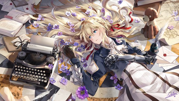 Anime picture 1700x956 with violet evergarden kyoto animation violet evergarden (character) neko (yanshoujie) single long hair fringe blue eyes blonde hair hair between eyes wide image signed looking away lying braid (braids) on back alternate hairstyle mechanical arms hair down girl