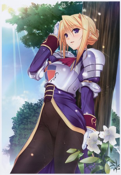 Anime picture 4653x6734 with princess lover silvia van hossen komori kei single tall image blush highres short hair blonde hair purple eyes absurdres scan girl flower (flowers) plant (plants) tree (trees) armor