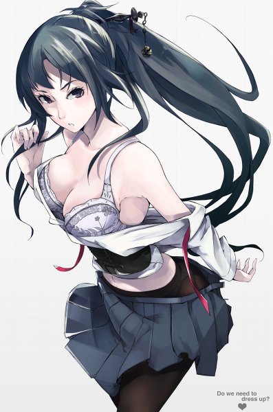 Anime picture 794x1200 with original mille (dieci) single long hair tall image breasts light erotic simple background large breasts standing white background looking away ponytail pleated skirt black eyes open clothes open shirt undressing dark hair girl