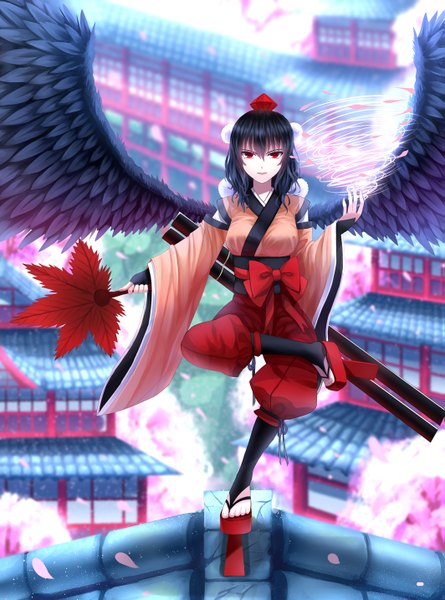 Anime picture 1063x1432 with touhou lunatic (phantasy) tall image short hair black hair red eyes traditional clothes girl weapon hat detached sleeves petals sword wings katana fan