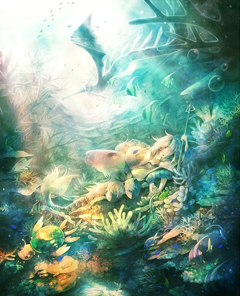 Anime picture 1277x1576 with original sui (petit comet) tall image underwater girl plant (plants) animal fish (fishes) dragon trident turtle