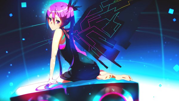 Anime picture 2560x1440 with original tom skender single long hair fringe highres hair between eyes wide image sitting pink hair full body pink eyes looking back barefoot side ponytail mechanical wings girl dress hair ornament wings