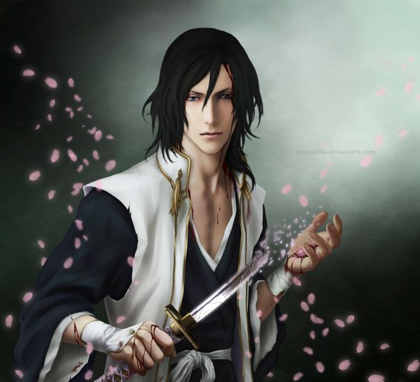 Anime picture 1749x1593 with bleach studio pierrot kuchiki byakuya zetsuai89 single long hair highres blue eyes black hair simple background signed japanese clothes realistic torn clothes boy weapon petals sword fingerless gloves blood