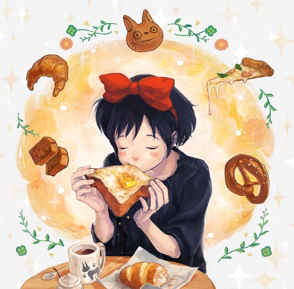 Anime picture 1500x1475 with kiki's delivery service studio ghibli kiki omiso single blush fringe short hair holding purple hair eyes closed mouth hold eating witch dark hair girl dress bow plant (plants) food