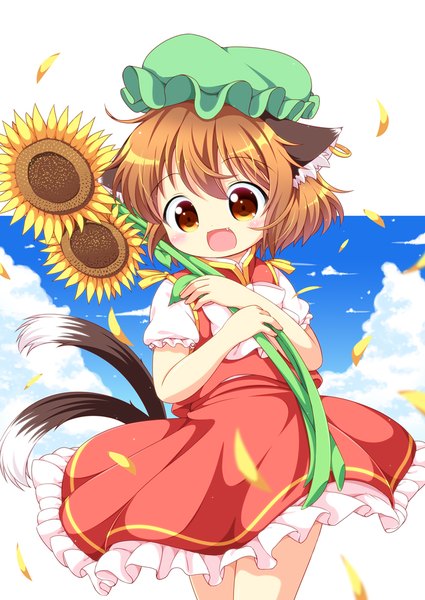 Anime picture 708x1000 with touhou chen pila-pela single tall image blush short hair open mouth brown hair brown eyes animal ears looking away sky cloud (clouds) tail animal tail cat ears cat girl cat tail loli