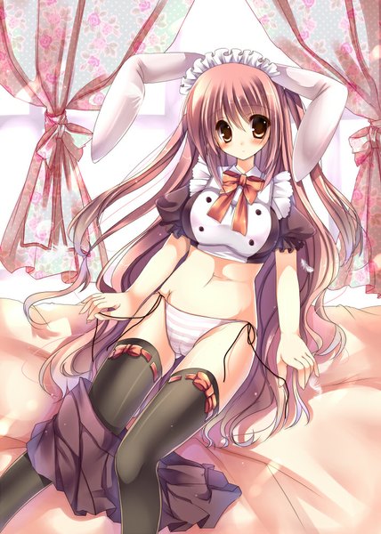 Anime picture 714x1000 with original amane ruri single long hair tall image looking at viewer blush light erotic brown hair animal ears yellow eyes bunny ears cameltoe girl thighhighs underwear panties black thighhighs striped panties