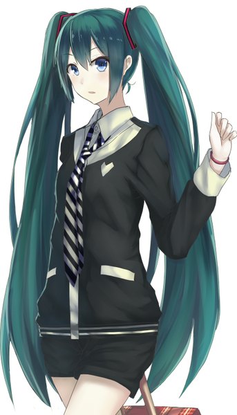 Anime picture 970x1696 with vocaloid hatsune miku echj single long hair tall image looking at viewer fringe open mouth blue eyes simple background white background twintails holding aqua hair alternate costume walking girl shirt necktie