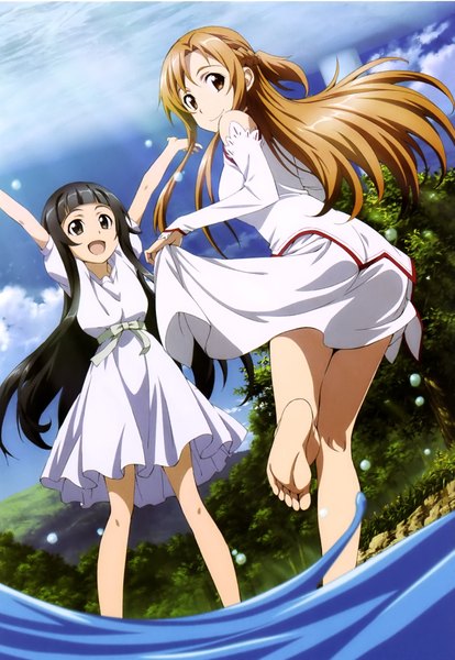 Anime picture 1563x2266 with sword art online a-1 pictures yuuki asuna yui (sao) kawakami tetsuya long hair tall image open mouth black hair smile brown hair multiple girls brown eyes looking back barefoot black eyes scan official art girl dress