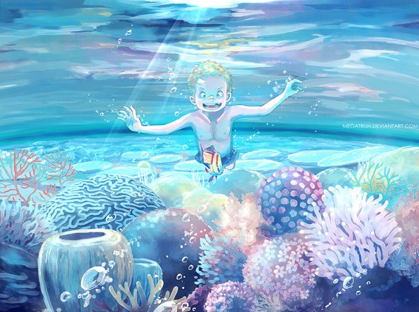 Anime picture 1100x820 with one piece toei animation sabo (one piece) megatruh single open mouth blonde hair sunlight spread arms topless underwater alternate age seaside boy water bubble (bubbles)