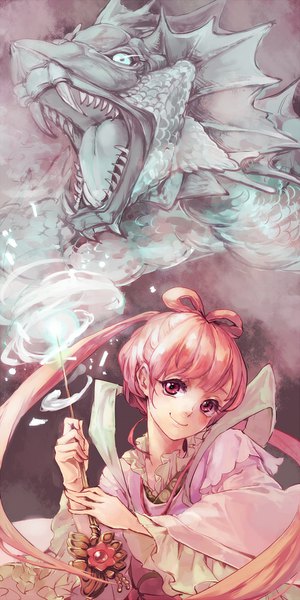 Anime picture 500x1000 with magi the labyrinth of magic a-1 pictures ren kougyoku hina (xoxo) single long hair tall image looking at viewer blush fringe smile red eyes twintails holding pink hair long sleeves traditional clothes head tilt japanese clothes wide sleeves