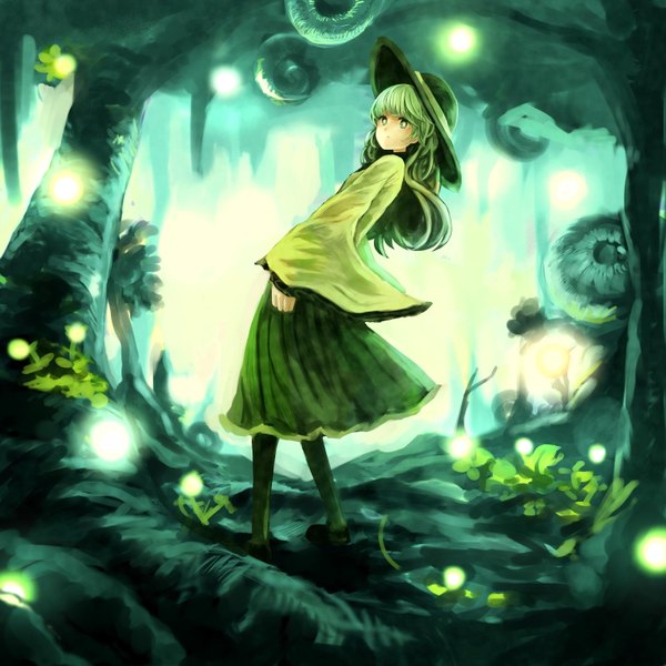 Anime picture 1514x1514 with touhou komeiji koishi buruxugi single short hair green eyes long sleeves looking back green hair girl dress flower (flowers) hat