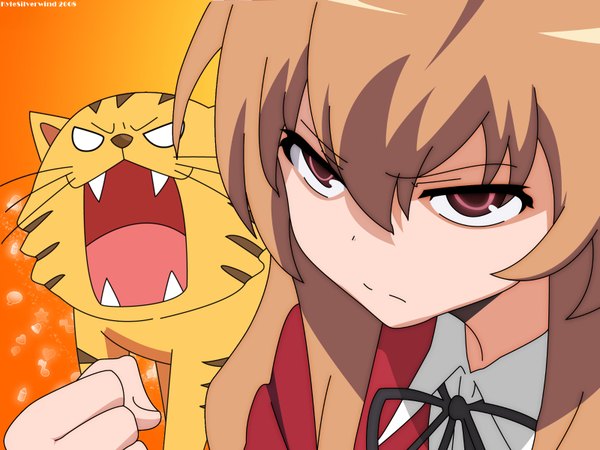 Anime picture 1600x1200 with toradora j.c. staff aisaka taiga single long hair fringe hair between eyes brown hair brown eyes payot looking away angry frown orange background girl fist tiger