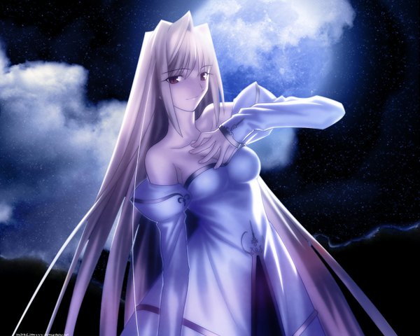 Anime picture 1280x1024 with shingetsutan tsukihime type-moon arcueid brunestud single bare shoulders white hair very long hair pink eyes light smile inscription night hand on chest light girl