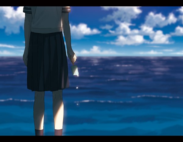 Anime picture 1000x778 with original amemura single holding sky cloud (clouds) pleated skirt from behind sunlight back letterboxed horizon seaside girl skirt uniform socks serafuku food sweets