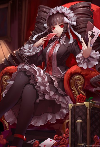 Anime picture 900x1315 with dangan ronpa celestia ludenberg jurrig single tall image fringe black hair smile red eyes twintails holding bent knee (knees) indoors long sleeves very long hair nail polish wide sleeves midriff character names crossed legs