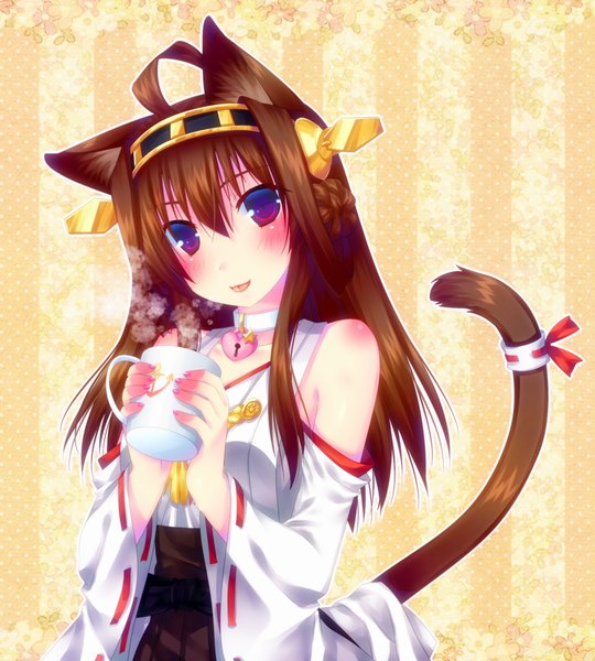 Anime picture 900x1000 with kantai collection kongou battleship door to heaven single long hair tall image looking at viewer blush brown hair purple eyes animal ears tail traditional clothes animal tail cat ears cat girl cat tail kemonomimi mode nontraditional miko girl
