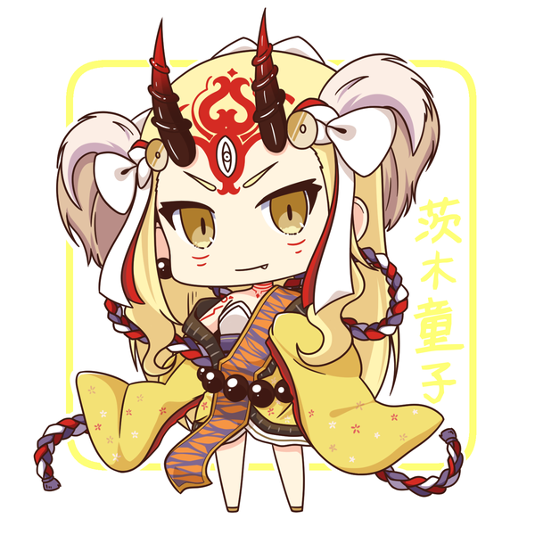 Anime picture 1500x1500 with fate (series) fate/grand order ibaraki douji (fate) shachoo. single looking at viewer simple background blonde hair standing white background twintails bare shoulders yellow eyes full body traditional clothes head tilt japanese clothes horn (horns) bare legs fang (fangs)