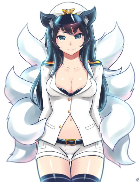 Anime picture 1275x1650 with league of legends ahri (league of legends) sieyarelow single long hair tall image looking at viewer fringe breasts light erotic black hair smile animal ears tail animal tail aqua eyes fox ears facial mark fox tail fox girl