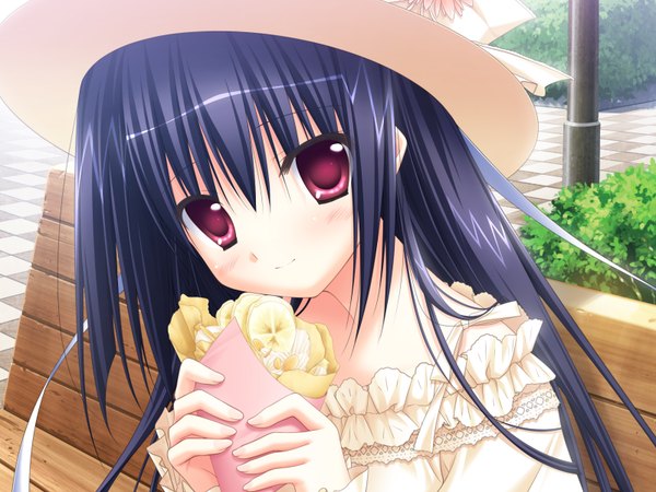 Anime picture 1600x1200 with deliverer! (game) mikogami mikoto single long hair looking at viewer blush black hair smile red eyes game cg girl ribbon (ribbons) hat