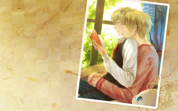 Anime picture 1920x1200 with axis powers hetalia studio deen united kingdom (hetalia) america (hetalia) coralstone blush highres short hair blue eyes blonde hair wide image sitting green eyes ahoge profile inscription multiple boys wallpaper third-party edit shounen ai