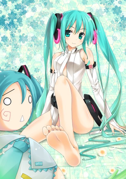 Anime picture 1748x2480 with vocaloid vocaloid append hatsune miku hatsune miku (append) tall image highres twintails green eyes barefoot green hair girl detached sleeves toy