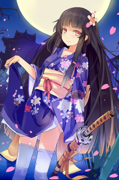 Anime picture 800x1214 with original jojofon long hair tall image black hair red eyes traditional clothes japanese clothes night girl thighhighs weapon petals white thighhighs sword kimono katana moon obi