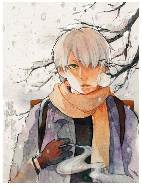 Anime picture 1228x1609 with mushishi ginko mei (artist) single tall image fringe short hair open mouth green eyes white hair hair over one eye hieroglyph snowing winter smoke snow bare tree traditional media watercolor (medium) boy