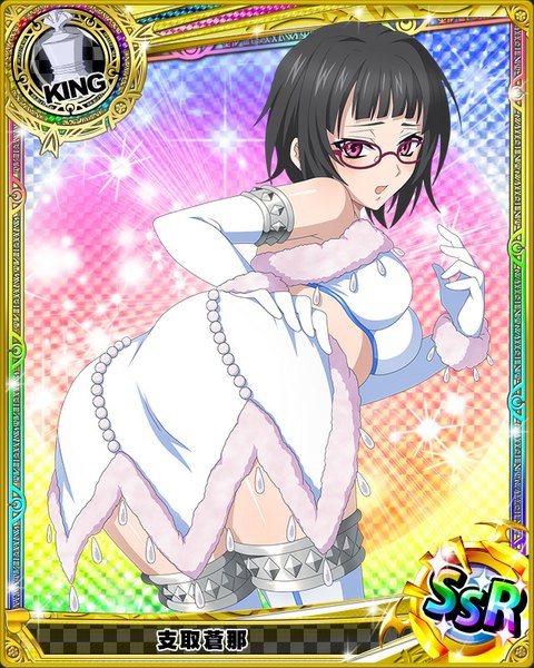 Anime picture 640x800 with highschool dxd sona sitri single tall image looking at viewer blush short hair open mouth light erotic black hair purple eyes card (medium) girl thighhighs dress gloves white thighhighs glasses elbow gloves white gloves