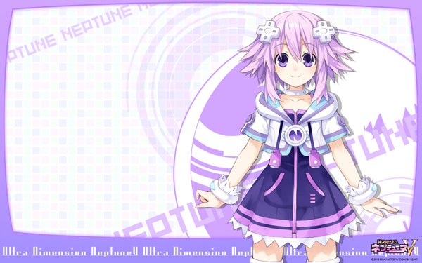 イラスト 1920x1200 と 超次元ゲイムネプテューヌ hyperdimension neptunia mk2 kami jigen game neptune v ネプテューヌ ソロ カメラ目線 highres 短い髪 笑顔 wide image 紫目 purple hair 女の子 ストッキング ドレス 髪飾り 白いストッキング