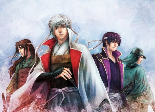 Anime picture 1101x800 with gintama sunrise (studio) sakata gintoki takasugi shinsuke katsura kotarou sakamoto tatsuma 1001yeah long hair short hair simple background red eyes brown hair brown eyes silver hair purple hair japanese clothes looking back boy weapon sword