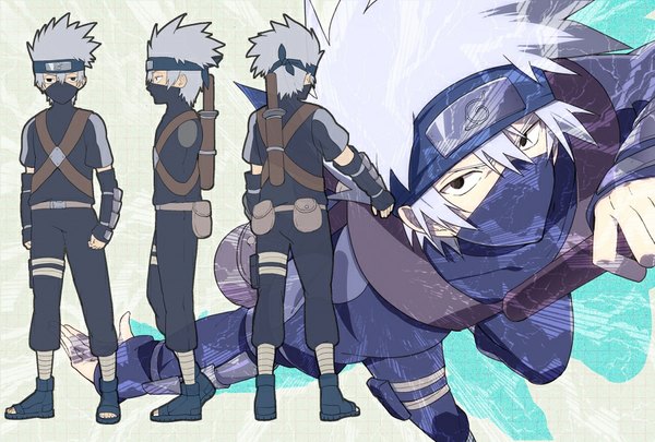 Anime picture 900x608 with naruto studio pierrot naruto (series) hatake kakashi nic (kevin) looking at viewer short hair grey hair black eyes spiked hair alternate age multiple persona younger boy weapon sword armor mask fanny pack