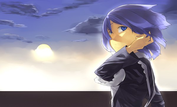 Anime picture 1200x730 with original hama2224 single short hair blue eyes wide image blue hair sky cloud (clouds) hand on hip girl sun