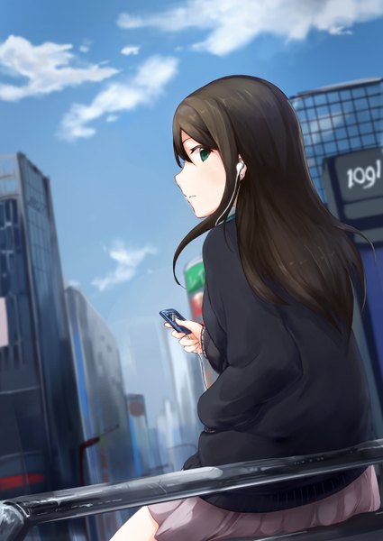 Anime picture 1000x1412 with original yashigaras single long hair tall image looking at viewer fringe black hair sitting holding green eyes sky cloud (clouds) profile pleated skirt looking back city hand in pocket girl skirt