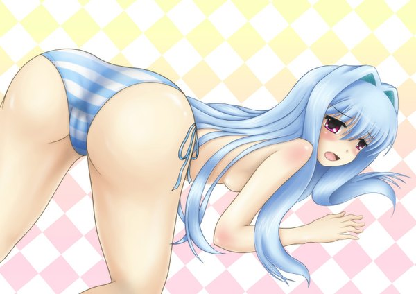 Anime picture 1523x1078 with cube x cursed x curious silver link fear kubrick single long hair blush open mouth light erotic blue hair ass pink eyes underwear only girl underwear panties