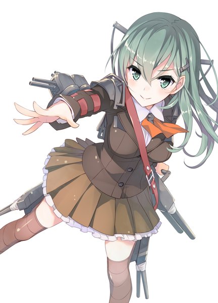Anime picture 720x1000 with kantai collection suzuya heavy cruiser amano yuu single tall image looking at viewer fringe simple background smile hair between eyes white background green eyes pleated skirt green hair outstretched arm frilly skirt girl thighhighs skirt uniform