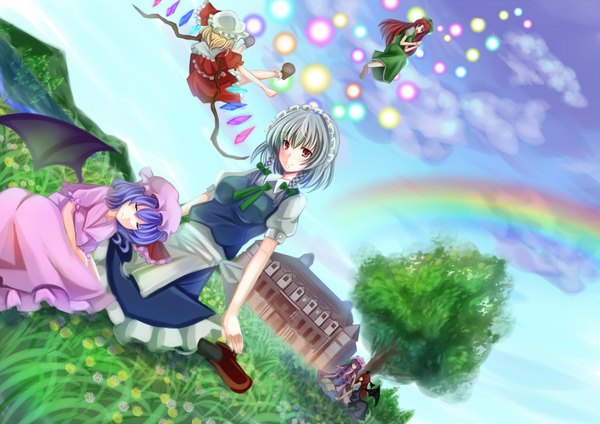 Anime picture 2046x1446 with touhou flandre scarlet remilia scarlet izayoi sakuya patchouli knowledge hong meiling koakuma lio (artist) long hair highres short hair blonde hair red eyes sitting purple eyes multiple girls blue hair sky cloud (clouds) red hair