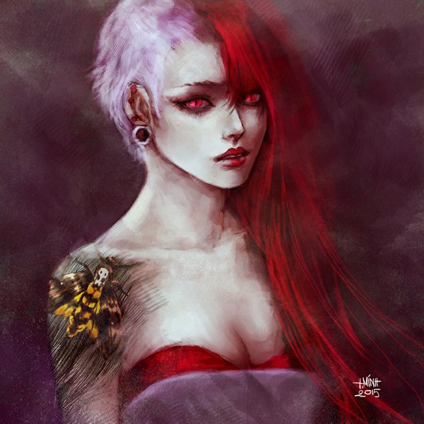 Anime picture 900x900 with nanfe single long hair looking at viewer short hair red eyes bare shoulders signed pink hair red hair parted lips lips lipstick pale skin red lipstick girl insect