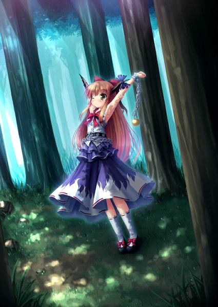 Anime picture 708x1000 with touhou ibuki suika takeponi single long hair tall image brown hair brown eyes one eye closed horn (horns) wink girl dress bow plant (plants) hair bow tree (trees) socks white socks chain