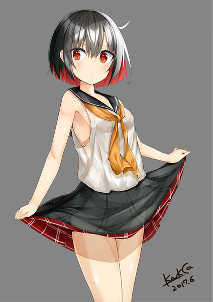 Anime picture 600x848 with original kavka single tall image fringe short hair light erotic black hair simple background hair between eyes red eyes standing signed looking away red hair pleated skirt multicolored hair grey background two-tone hair bare legs
